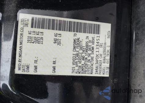 2013 Nissan Altima 2.5 Sv из США, поврежденный, VIN 1N4AL3AP1DC133451